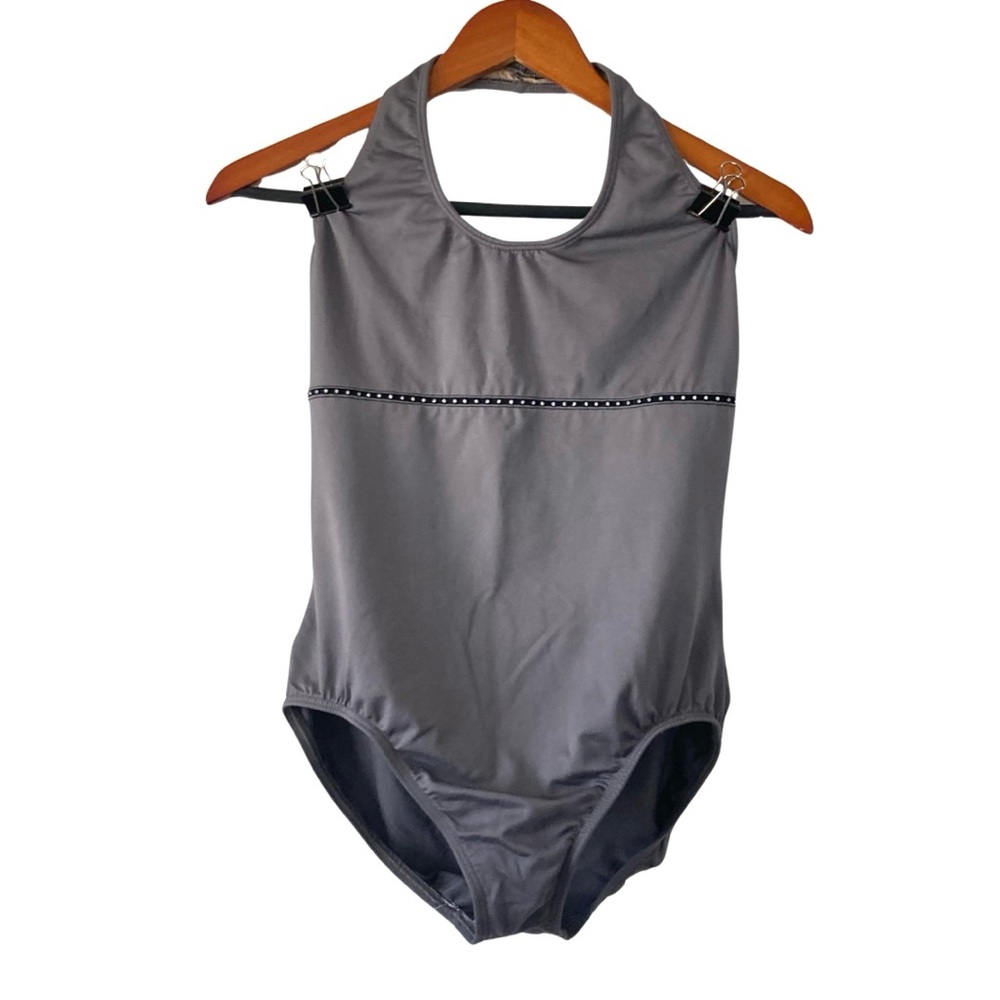 Silver Halter Leotard Rhinestone Trim Size XL